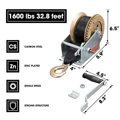 Torin 1600lbs Heavy Duty Hand Crank Winch – 32.8ft Nylon Strap, Two-Way Ratchet Boat Trailer Winch, Corrosion Resistant for Trucks, ATVs, Boats (Silver) - size: 1600 lbs, style: Nylon Strap 2024