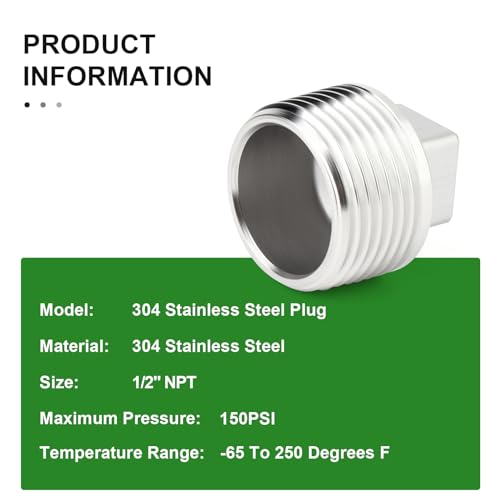 TAISHER 5Pcs 304 SS Square Thread Socket Pipe Plug Fitting 1/2" NPT Male - size: 1/2" MNPT(Plug)