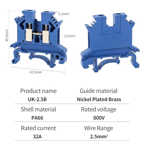 100PCS Blue UK-2.5B Din Rail Terminal Block Wire Kit - for 12-22 AWG 20A 600V Electrical Distribution Box, Solar Power System, PLC Industrial Control Automation Panel DIY CNC RV - color: 100pcs Blue