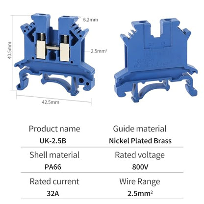 100PCS Blue UK-2.5B Din Rail Terminal Block Wire Kit - for 12-22 AWG 20A 600V Electrical Distribution Box, Solar Power System, PLC Industrial Control Automation Panel DIY CNC RV - color: 100pcs Blue