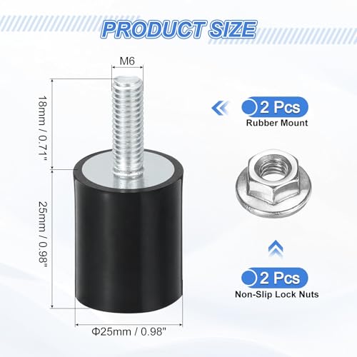 uxcell 2Pcs M6 Thread Rubber Mounts, Vibration Isolators, Cylindrical Shock Absorber with Studs 25 x 25mm with Non-Slip Nuts - size: M6 x 25 x 25mm