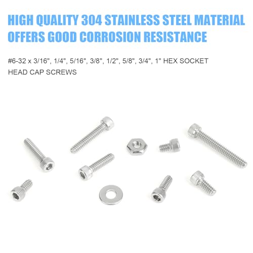 DYWISHKEY 256 Pieces #6-32 x 3/16", 1/4", 5/16", 3/8", 1/2", 5/8", 3/4", 1" Hex Socket Head Cap Screws Nuts Washers Assortment Kit, 6-32 Screw Kit, 304 Stainless Steel - size: #6-32, style: Socket Head