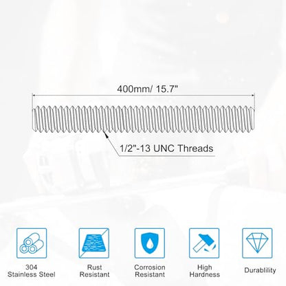 PATIKIL 1/2"-13 UNC 304 Stainless Steel Fully Threaded Rod, 15.7" Length Long Threaded Screw Right Hand Threads All Threaded Rod Studs for Anchoring Bolt, Clamps, Hangers and U-Bolts - size: #1/2"-13 UNC x 15.7"