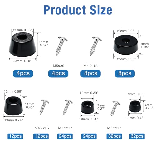 5 Size Rubber Feet for Cutting Board with Stainless Screws Assortment Kit - size: #80 pcs,5 size