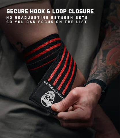 Gymreapers Weightlifting Elbow Wraps (1 Pair) - Flexible 40'' Elbow Compression Strap & Joint Support Brace - for Bench Press, Powerlifting, and Pressing - color: Red