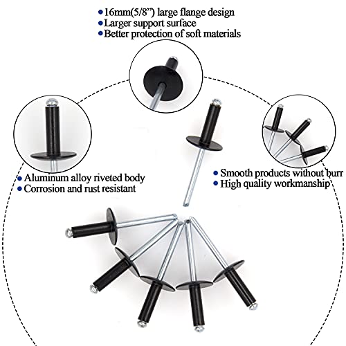 Alloypro 60pcs Black Large Flange Blind Rivets, Aluminum,Flange Diameter 5/8" (16 mm),Pop Rivets Assortment Kit Blind Rivet,3/16" x 5/8",Grip Range(8-12mm) - size: Black 4.8*16mm