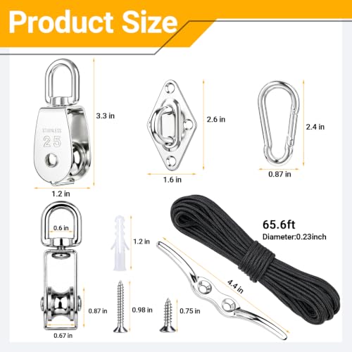 M25 Stainless Steel Pulley System Kit,Pulley Block with Nylon Rope | 2 Pack M25 Heavy Duty Pulleys Wheel with Rope Cleat, Eye Pad Plate and Hooks for Sun Shade Sail, Clothesline - size: 2P-M25
