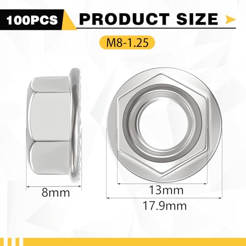 100 Pcs M8 Flange Nuts, M8-1.25mm Hexagon Flange Nuts, Silver - size: M8