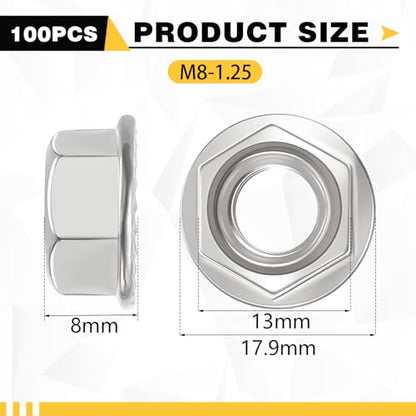 100 Pcs M8 Flange Nuts, M8-1.25mm Hexagon Flange Nuts, Silver - size: M8