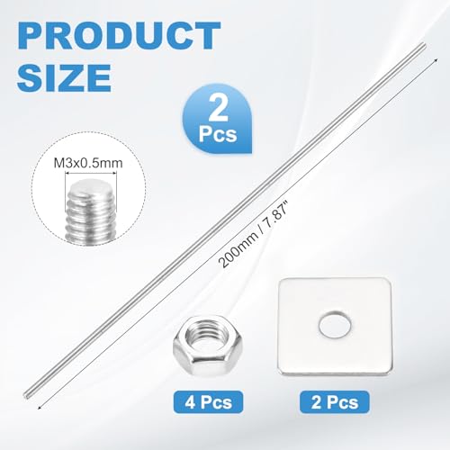 MECCANIXITY 2Set M3x200mm Fully Threaded Rod Threaded Rods Bar Studs - size: M3x200mm