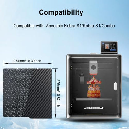264X276mm PEO+ PET Build Plate for Kobra 4/Kobra S1/Kobra X, Smooth Diamond PEO+Carbon Fiber PET Platform Spring Steel Flexible Platform Heated Bed for Anycubic Kobra S1 Combo 3D Printer - size: 264x276mm