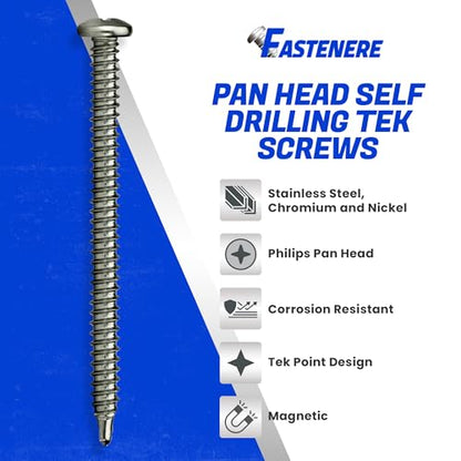 Fastenere Pan Head Self Drilling Tek Screws - #10 x 3 (25Pack) Stainless Steel 410, Full Thread, Bright Plain Finish, Corrosion-Resistant, Self-Drilling, Easy to Install w/Phillips Drive Size #2 - size: #10 x 3" (25 Pack)
