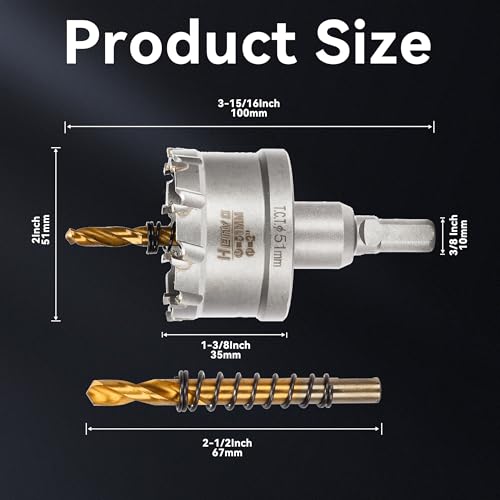 Hole Saw 2" (51mm) Heavy Duty Carbide with 2 Pilot Drill Bits - Metal Hole Cutter Cuts Stainless Steel, Iron, Copper, Brass, Plastic - size: 51mm|2"