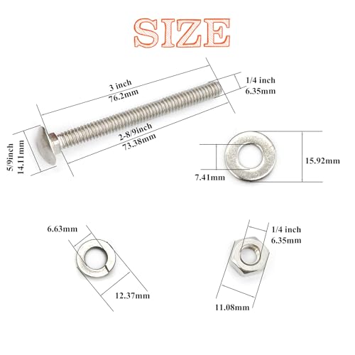8 Sets 1/4"-20 x3 Carriage Bolts Round Head Square Neck Screws with Hex Nuts Flat Washers Spring Lock Washers 304 Stainless Steel Full Thread Coverage Square Neck Bolts Assortment Kit - size: 1/4"-20 x3"-8 Sets