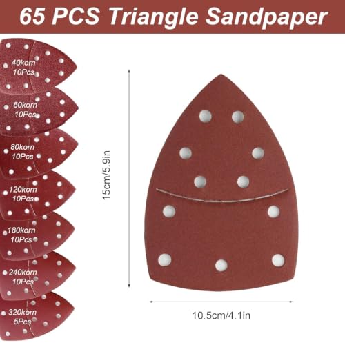 65 PCS Triangular Mouse Sander Sandpaper,11‑Holes Hook and Loop 5.9''×4.13"