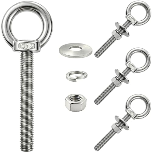 4 Pack M12 Stainless Steel Eye Bolts with Nuts, 1/2"x4" Long Lifting Ring Eye Bolt,Eye Bolts Heavy Duty for Hang Tie Down Outdoor (4, M12x102mm (1/2"x4")) - size: M12x102mm (1/2"x4")