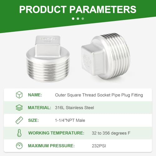 TAISHER 2Pcs 316 SS Cast Square Head 1-1/4"NPT Male Socket Pipe Plug - size: 1-1/4"MNPT(316 Plug)