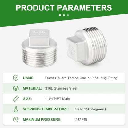 TAISHER 2Pcs 316 SS Cast Square Head 1-1/4"NPT Male Socket Pipe Plug - size: 1-1/4"MNPT(316 Plug)