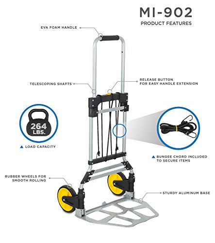 Mount-It! Folding Hand Truck and Personal Dolly, Aluminum Trolley, Heavy Duty 264 Lb Capacity Cart, Dolly Cart with Wheels of Durable Rubber, Soft Grip Telescoping Handle for Indoor Outdoor, Foldable - size: 264 Lb Capacity