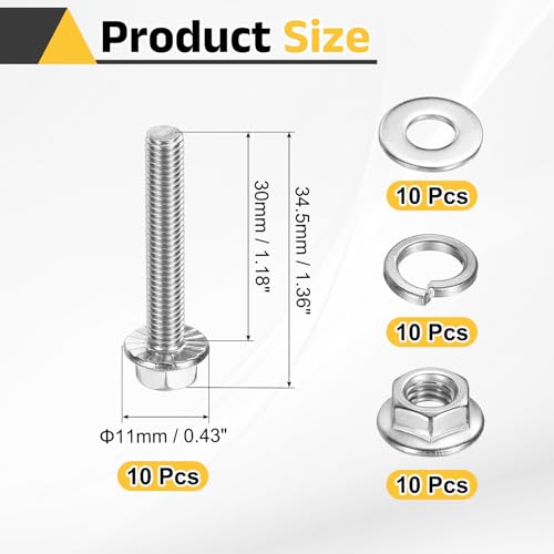 uxcell M5 x 30mm Phillips Flanged Hex Head Bolts, 10Pcs 304 Stainless Steel Flange Hexagon Screws with Nuts, Flat & Lock Washers, Fully Threaded, for Machinery Industry Home, Silver - color: Silver, size: M5 x 30mm