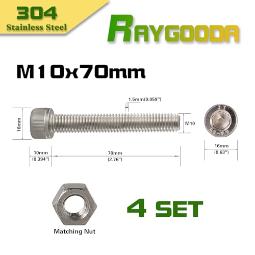 M10-1.5x70mm Socket Head Cap Screw and Nut Kit 4set, 304 Stainless Steel A2-70, Full Thread, Bright Finish - High Strength, Corrosion Resistant for Automotive, Machinery, DIY - size: M10x70mm(4 Sets）