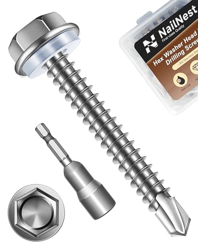 50PCS #10 x 1-1/2" Self Drilling Screws, Self Tapping Screws for Metal, 410 Stainless Steel Hex Washer Head Sheet Metal Screw, Bright Finish with 8mm Hex Socket - color: Silver, size: #10 x 1-1/2"