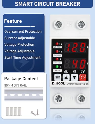 DIHOOL Adjustable Voltage Protector 110V 220V, Low/High Voltage Cutoff and Overcurrent Protection, 70-200V Undervoltage, 140-300V Overvoltage, 1-63A Smart Circuit Breaker AC Disconnect, DIN Rail Mount