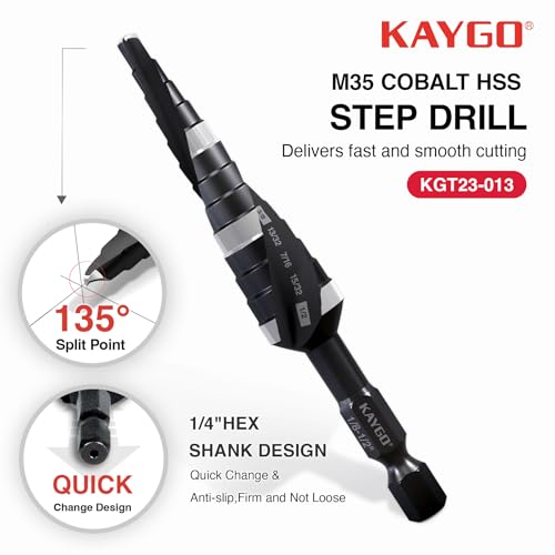 KAYGO M35 Cobalt Step Drill Bit, 1/4" Hex Shank for Metal & Stainless - size: 1/8"- 1/2"