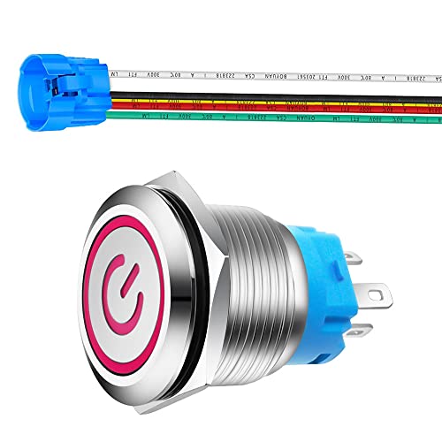 Gebildet 0.87''/22mm Stainless Steel Latching Push Button Switch SPDT 110V-220V/3A Power Symbol LED 1NO 1NC ON/Off Waterproof Toggle Switch with Wire Socket Plug (Red LED) - color: red /110-220V
