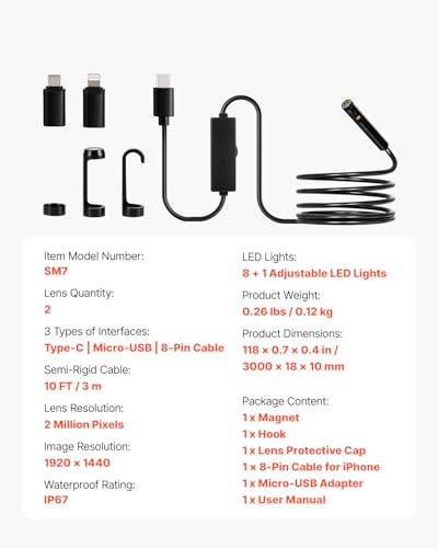 VEVOR Endoscope Camera with Light, Dual Lens Borescope for Android & iOS, 1920P HD Inspection Camera, 8 + 1 LED Lights, 2X Zoom, 10FT Snake Cable, IP67 Waterproof - size: 10FT