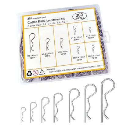 300 Pcs R-Clip Cotter Pin Assortment Kit, 304 Stainless Steel Hairpin Clips - size: 300pcs- Assortment kit