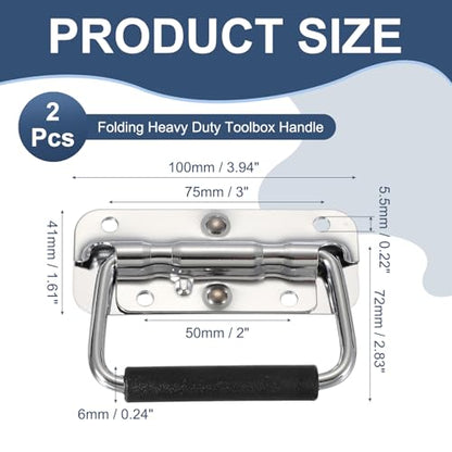 PATIKIL 3.9inch Spring Loaded Handle, 2 Pcs Folding Heavy Duty Toolbox Pull Chest Handles with Rubber Surface Mount Folding Grip for Toolbox Chest Case Crates Storage Boxes, Silver Tone - size: 3.9inch