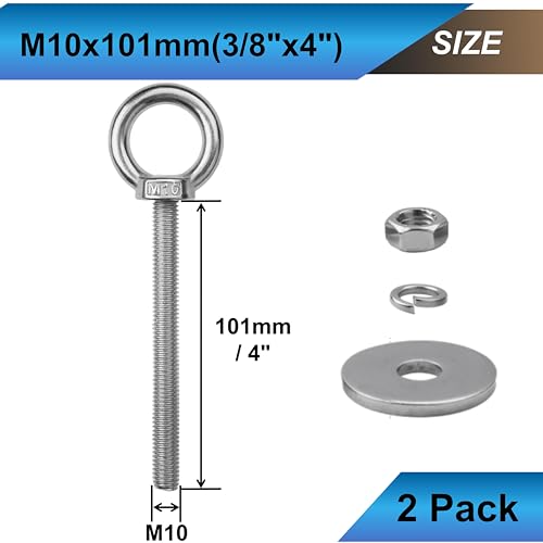 2 Sets M10 Eye Bolts with Nuts, Stainless Steel 3/8" x 4" EyeBolts - size: 3/8"x4"