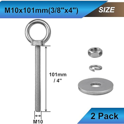 2 Sets M10 Eye Bolts with Nuts, Stainless Steel 3/8" x 4" EyeBolts - size: 3/8"x4"