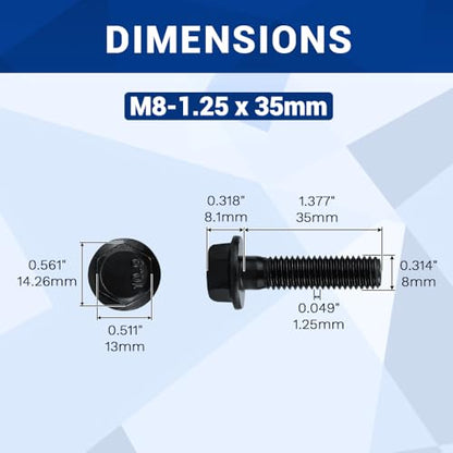 12-Sets M8-1.25 x 35mm Grade 10.9 Flange Hex Bolts + Flange Nut + Flat Washer + Lock Washer Combo Pack, Black Oxide, for Automotive & Machinery - size: M8-1.25 x 35mm