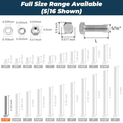 8 Sets Glvaner 5/16-18 x 2-1/2" Stainless Steel Hex Head Screws Bolts, Nuts, Flat & Lock Washers, 18-8 (304) Stainless Steel, Full Thread, Coarse Thread - size: 5/16-18 x 2-1/2"