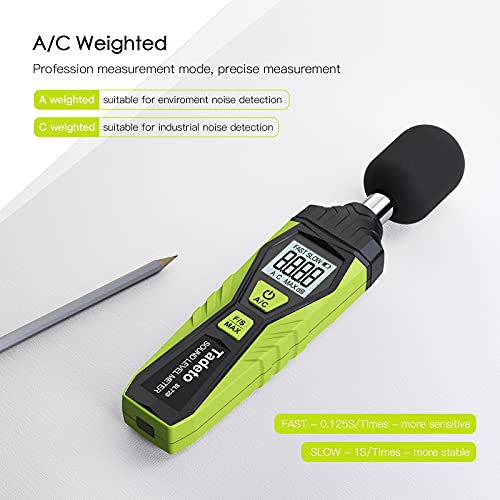 Decibel Meter, Tadeto Digital Sound Level Meter Portable SPL Meter 30dB to 130dB MAX Data Hold with LCD Display Backlight A/C Weighted for Home Factories - color: Green