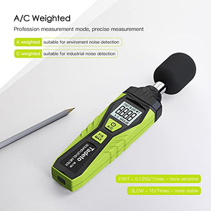 Decibel Meter, Tadeto Digital Sound Level Meter Portable SPL Meter 30dB to 130dB MAX Data Hold with LCD Display Backlight A/C Weighted for Home Factories - color: Green