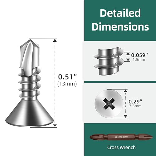 600pcs #8 x 1/2 Sheet Metal Self Tapping Screws Assortment Kit, 410 Stainless Steel Flat Head High-Strength Fast Self-Drilling Screws, Bright Finish - size: #8x1/2"
