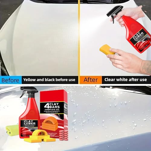 Car Clay Bar Kit - 4 Bars with Clay Luber Lubricant Spray & Applicator Grip - Professional Auto Detailing to Remove Contaminants, Restore Smooth Finish for Paint, Glass, Wheels & Plastic