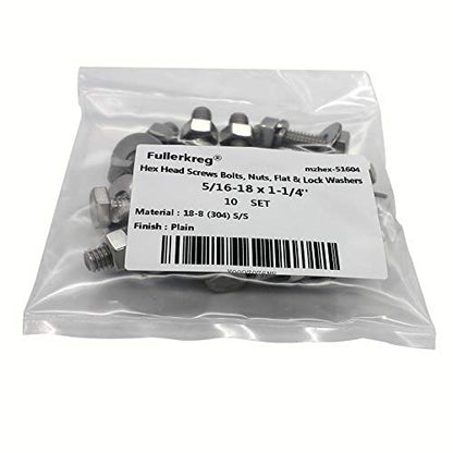 Bolt Fullerkreg 5/16-18x1-1/4 Hex Head Screws Bolts & Nuts Kit - size: (10 Sets) 5/16x1-1/4"