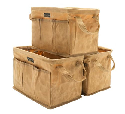 Heavy Duty 16oz Waxed Canvas Tool Bag, Rectangle Foldable Open Top Tool Bags with Handles,7 Pockets &13.8 x 7.8 x 7.8 Inches 3-Pack (Khaki) - color: Khaki