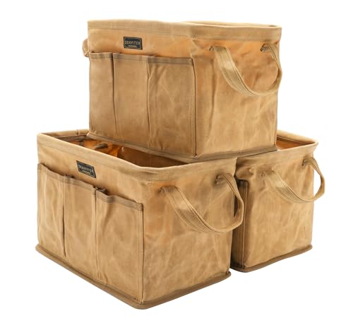 Heavy Duty 16oz Waxed Canvas Tool Bag, Rectangle Foldable Open Top Tool Bags with Handles,7 Pockets &13.8 x 7.8 x 7.8 Inches 3-Pack (Khaki) - color: Khaki