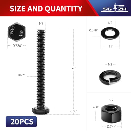 1/2-13 x 4 Hex Head Screw Bolt, Nuts, Flat & Lock Washers, 20Pcs 18-8 (304) Stainless Steel, Fully Threaded, Black Oxide by SG TZH - size: 1/2-13 x 4"