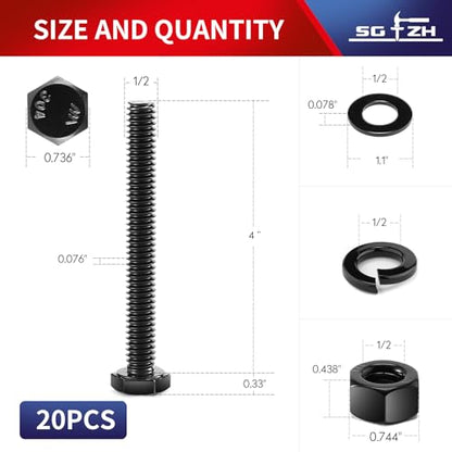1/2-13 x 4 Hex Head Screw Bolt, Nuts, Flat & Lock Washers, 20Pcs 18-8 (304) Stainless Steel, Fully Threaded, Black Oxide by SG TZH - size: 1/2-13 x 4"