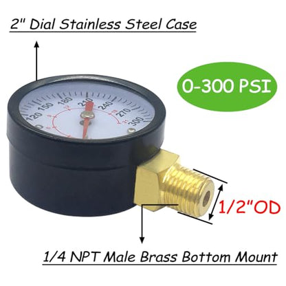 Uenede 0-300PSI Pressure Gauge 1/4" NPT Brass Bottom Mount with Bushing - size: 300PSI(1/4"NPT)