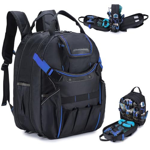 KSIBNW Tool Backpack Heavy Duty for Men, 45-Pockets Organizer Bags with Laptop Compartment,Durable Tool Carrier with Charging Port for Eelectrician Construction Mechanic Work, Black and Blue - color: Blue