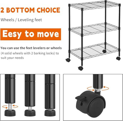 Meet perfect 3-Tier Wire Shelving Unit with Wheels, Black - color: Black, size: 3-Tier, 31.3"H × 23"W × 13"D