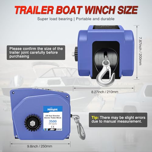 Nilight Boat Trailer Winch 3500 lbs Portable Electric Boat Winches 12 V DC Marine Winch with Steel Cable Remote Control & Hand Crank Power-in Freewheel Operat Waterproof Winch for Boat Trailer, Blue - color: Blue, size: Steel Cable