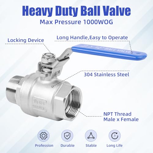 YADIAN 2 Pack Full Port NPT Ball Valve 1-1/4inch - Male x Female 304 Stainless Steel Heavy Duty Shut Off Valve with Blue Vinyl Insulation Handle and Locking Device for Water, Oil, and Gas, 1000WOG - size: 1-1/4''